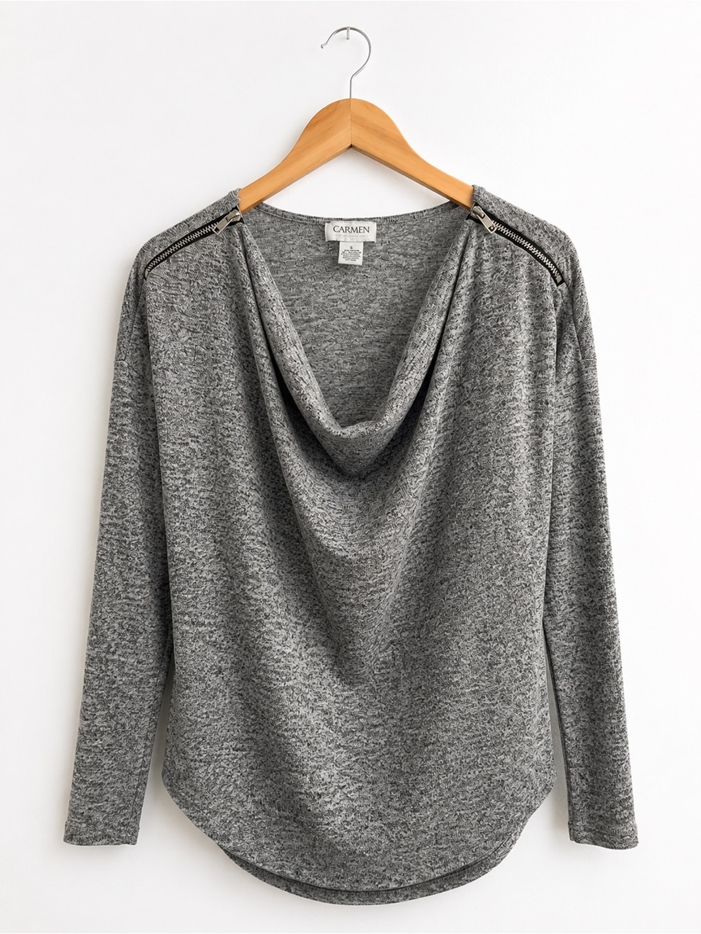 Carmen Marc Valvo Gray Cowl Neck Zip Shoulder Knit Top Size Small
